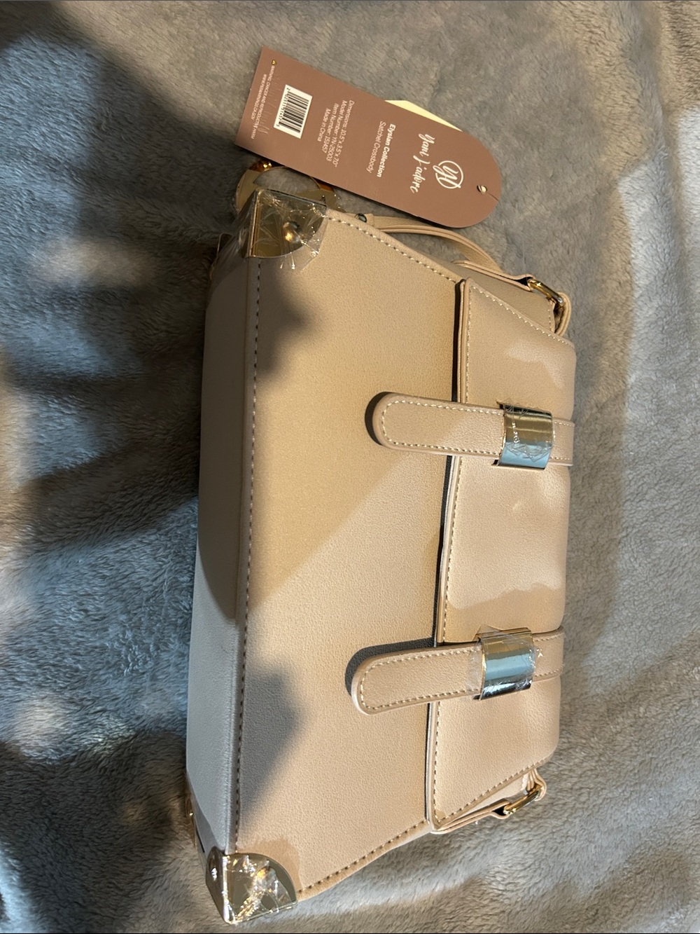 Structured Beige Crossbody Bag with Gold-Tone Hardware